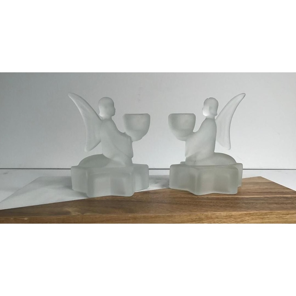 VTG LE Smith Frosted Glass Angel Candlestick Holder Taper Set Christmas Angels